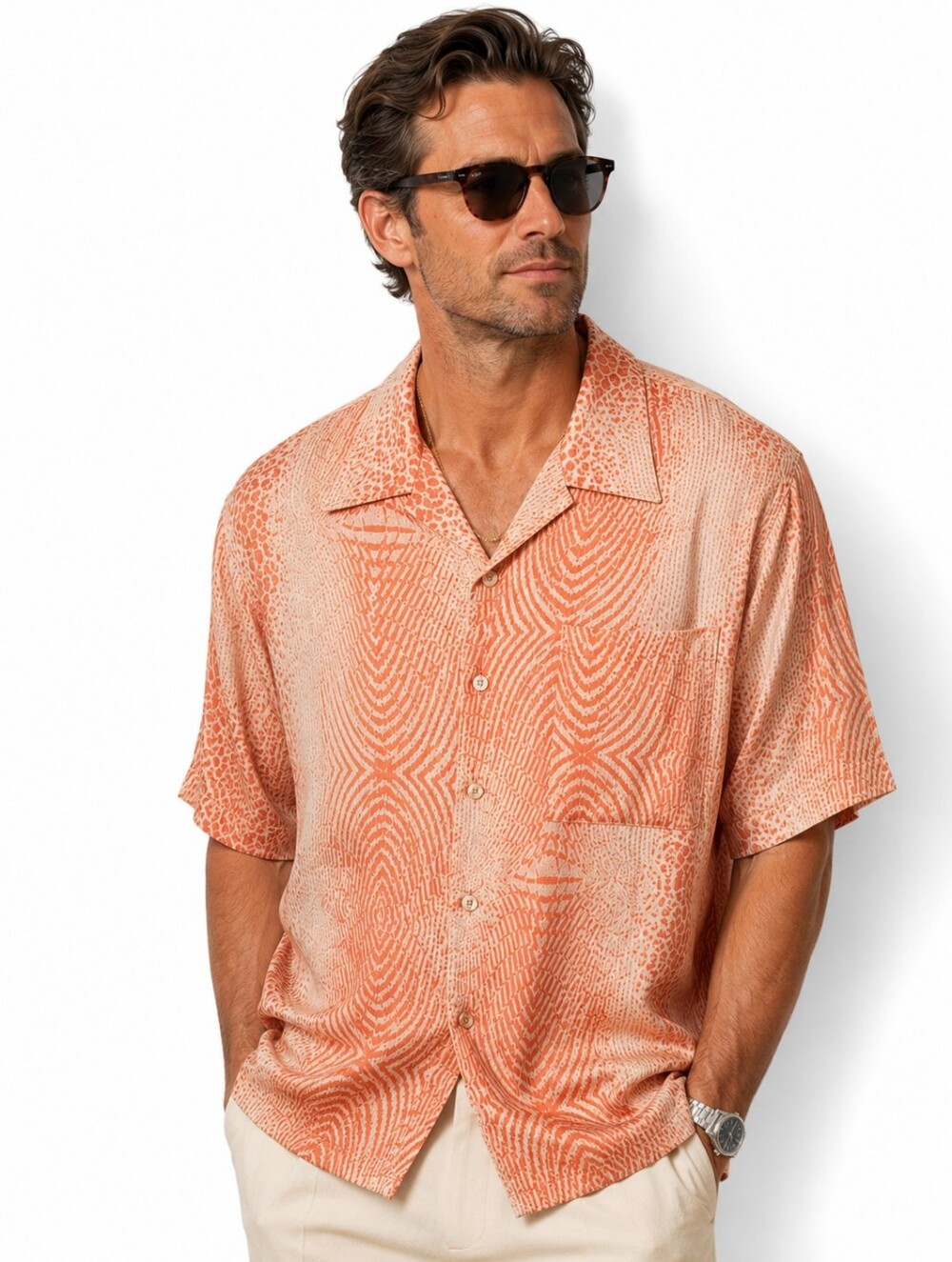 Genelli 100% Silk Camp Collar Resort Shirt Mens L Peach Coral Abstract